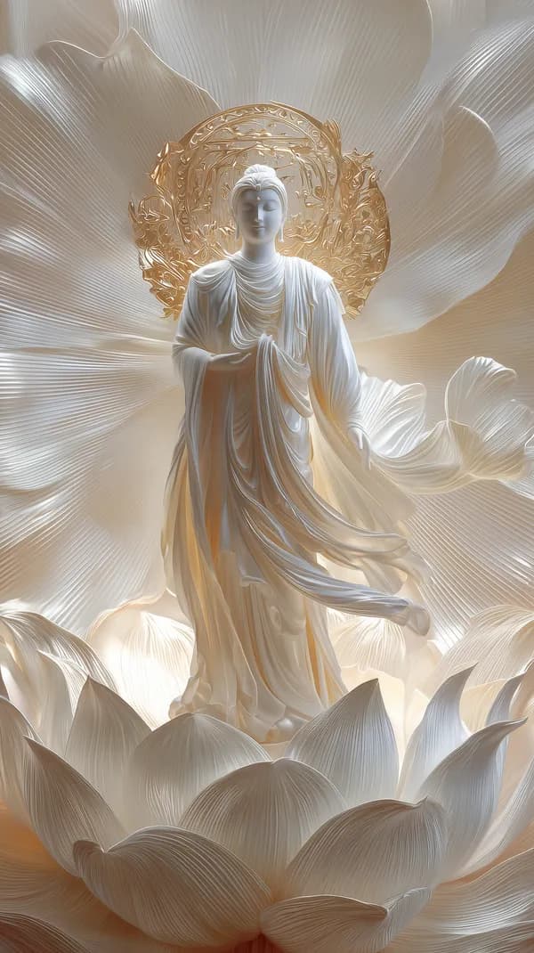 Dreamlike White Statue with Golden Halo Among Soft Petals - HD Wallpaper, 4k Background Image