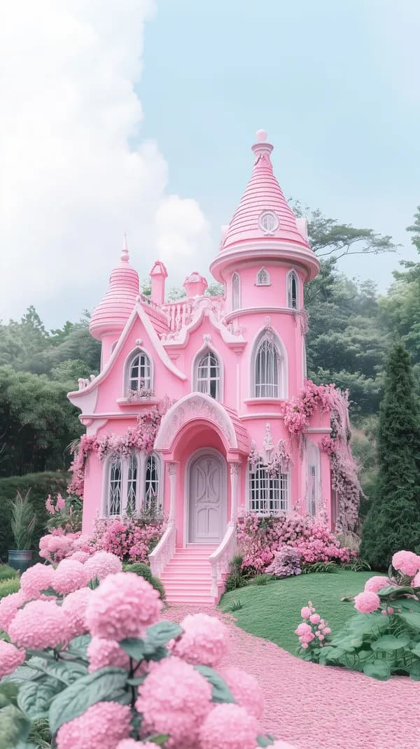 Pastel Pink Fairy Tale Castle Wallpaper with Blooming Gardens - HD Wallpaper, 4k Background Image