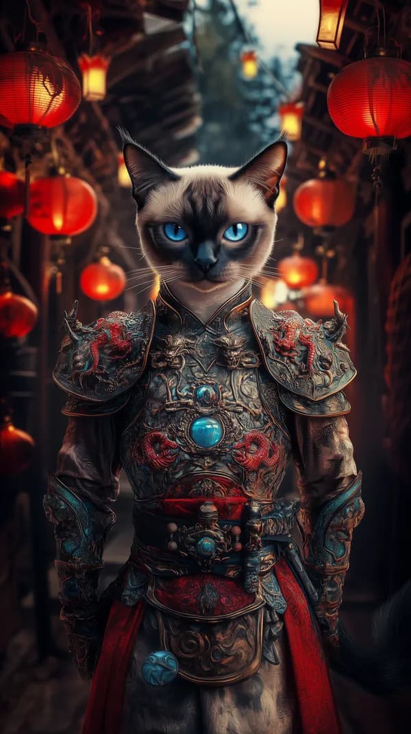 Fantasy Cat Warrior in Ornate Dragon Armor at Lantern Alley - HD Wallpaper, 4k Background Image