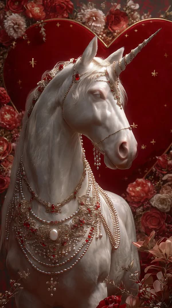 Enchanted Unicorn Portrait with Jewelry on Red Floral Backdrop - HD Wallpaper, 4k Background Image