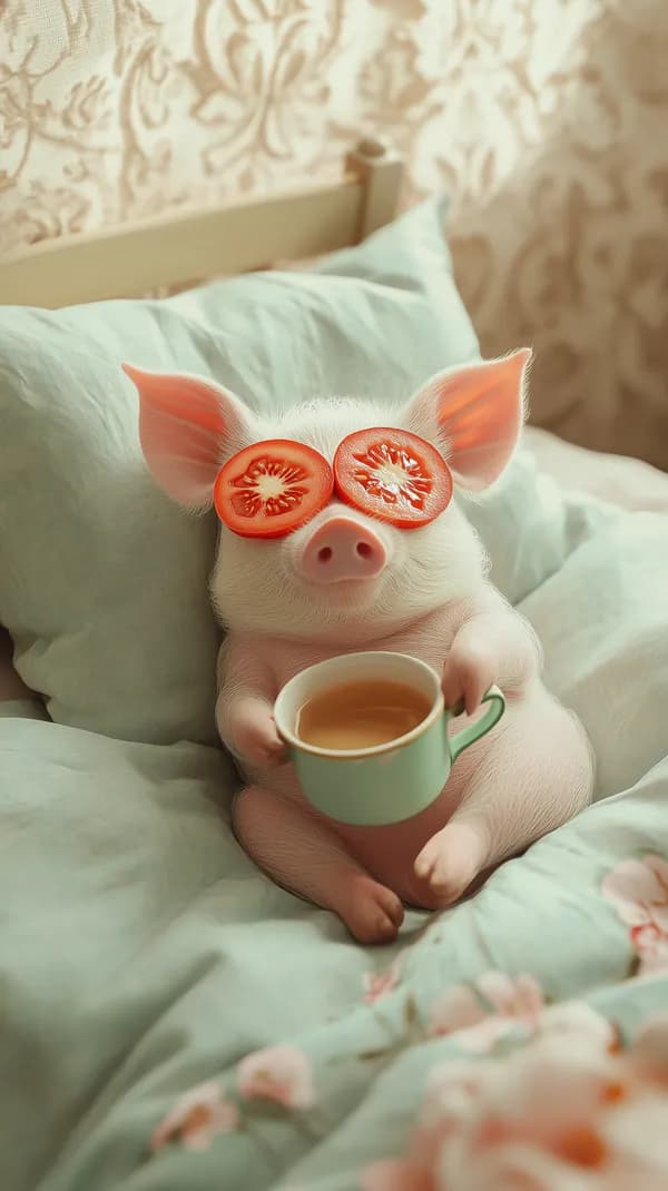 Whimsical Piglet in Bed with Tomato-Eye Goggles and Tea Moment - HD Wallpaper, 4k Background Image