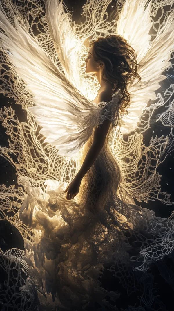 Ethereal angelic figure with glowing lace wings artwork - HD Wallpaper, 4k Background Image