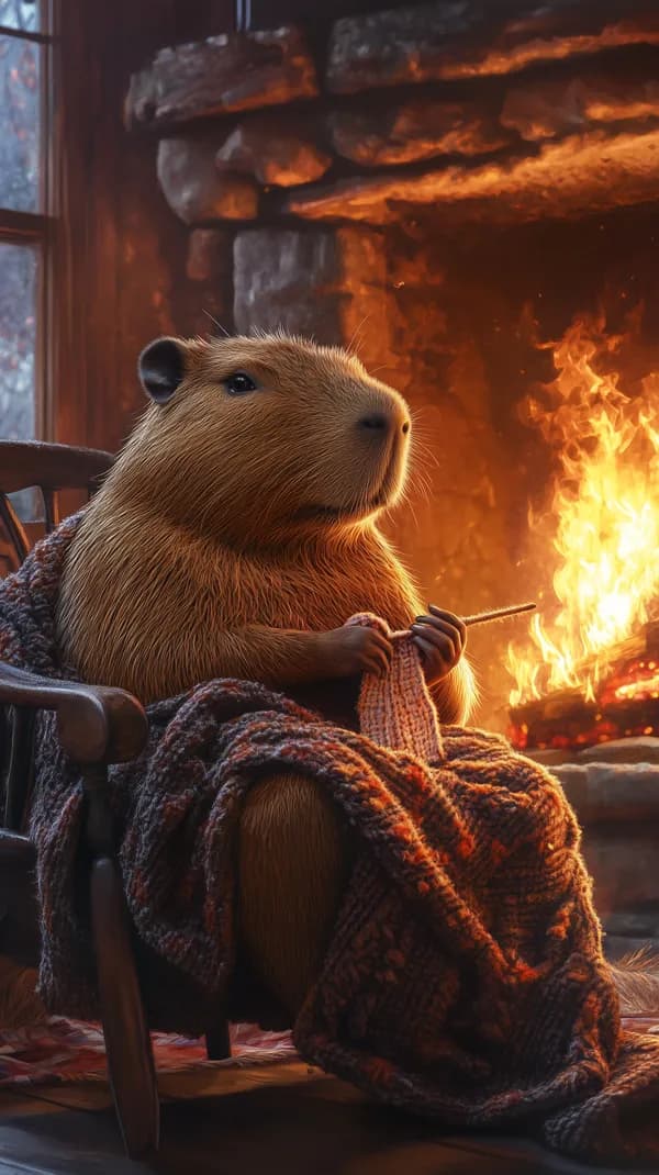 Cozy Capybara Knitting by the Fireplace - Warm Wallpaper - HD Wallpaper, 4k Background Image