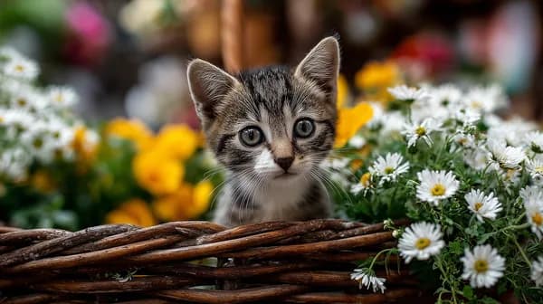 Adorable Kitten in a Floral Basket - Soft Nature Wallpaper - HD Wallpaper, 4k Background Image