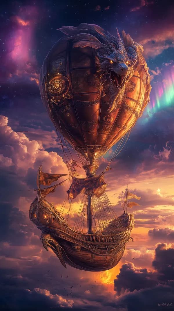 Epic Dragon-Head Airship in Sunset Sky – Fantasy Steam Voyager - HD Wallpaper, 4k Background Image