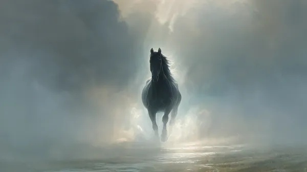 Misty Dawn Horse in Ethereal Fog: Dramatic Equine Silhouette - HD Wallpaper, 4k Background Image