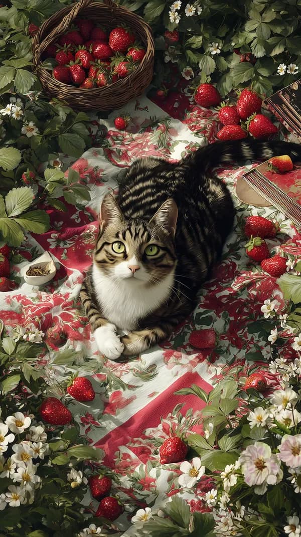 Cozy Cat on Strawberry Picnic in Floral Garden Wallpaper Artwork - HD Wallpaper, 4k Background Image