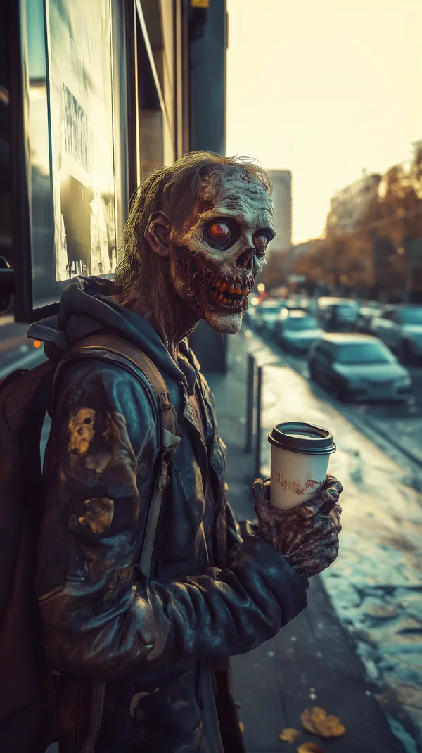 Urban Zombie in Hoodie by Sunset with a Coffee Cup - HD Wallpaper, 4k Background Image
