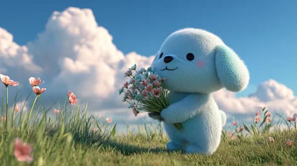 Whimsical blue plush bunny with bouquet in sunny meadow - HD Wallpaper, 4k Background Image