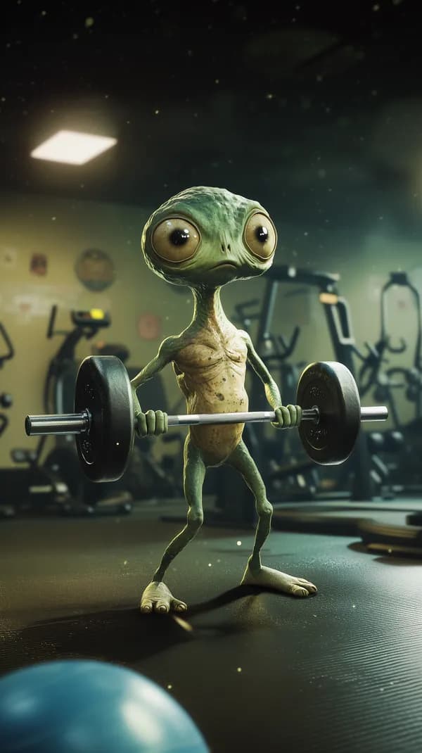 Whimsical Alien Weightlifter in Gym — Sci-Fi Desktop Wallpaper - HD Wallpaper, 4k Background Image