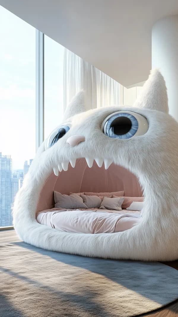 Whimsical Giant Plush Creature Bed in Bright Loft with City Views - HD Wallpaper, 4k Background Image