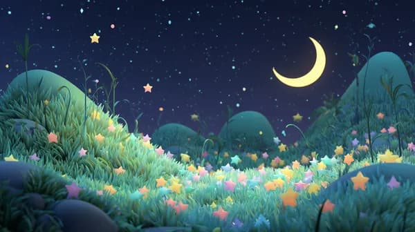 Dreamy Night Meadow Wallpaper with Crescent Moon and Stars - HD Wallpaper, 4k Background Image