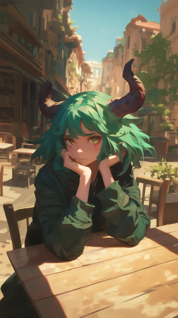 Dreamy teal-haired demon girl in a sunlit street cafe wallpaper - HD Wallpaper, 4k Background Image