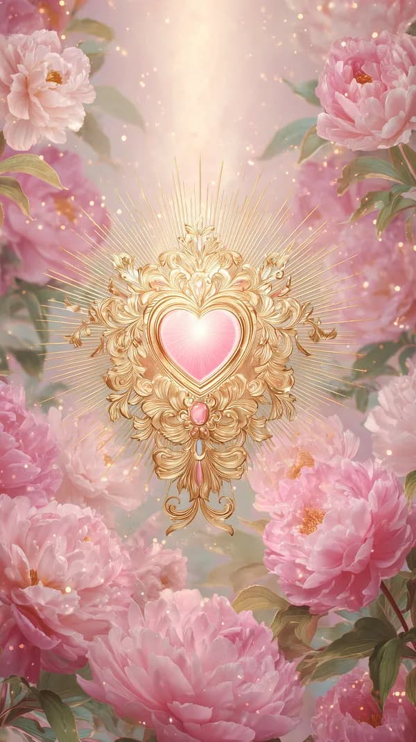 Dreamy Golden Heart Emblem Amid Pink Peony Garden Wallpaper - HD Wallpaper, 4k Background Image