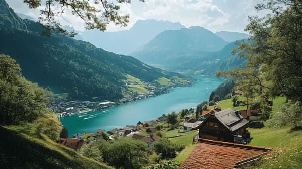 Alpine Valley Panorama: Turquoise River, Village & Mountains - HD Wallpaper, 4k Background Image