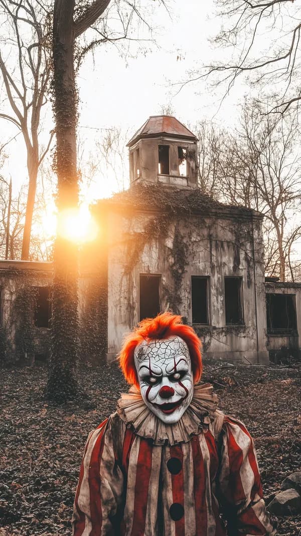 Eerie Sunset: Creepy Clown in a Ruined House at Dusk - HD Wallpaper, 4k Background Image
