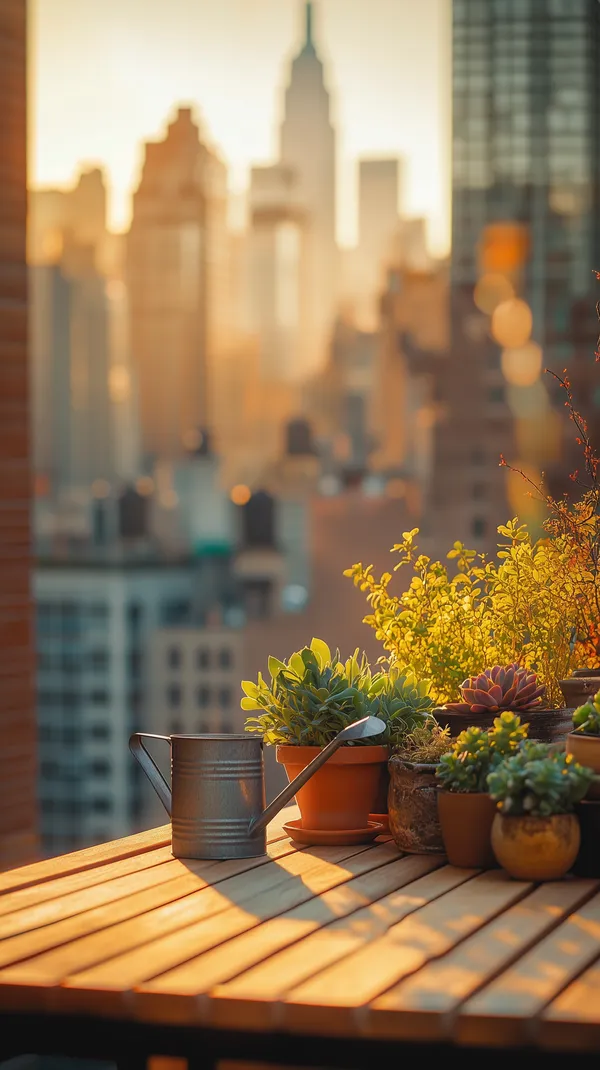 Golden Hour Balcony Garden with Succulents and City Skyline - HD Wallpaper, 4k Background Image