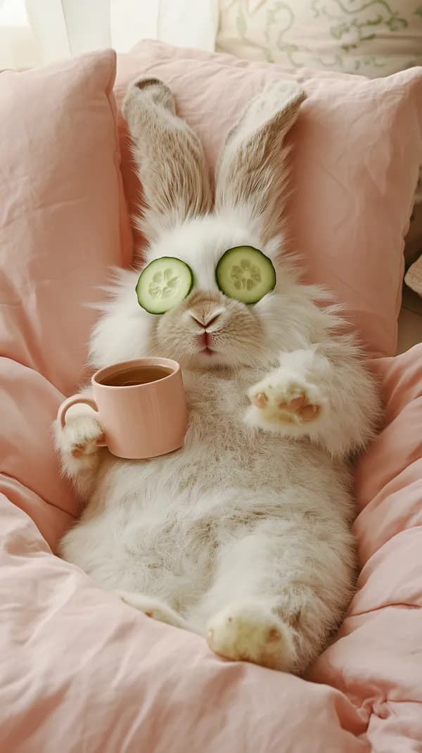 Pastel Bunny Relaxing with Cucumber Eyes on Pink Cushions Wallpaper - HD Wallpaper, 4k Background Image