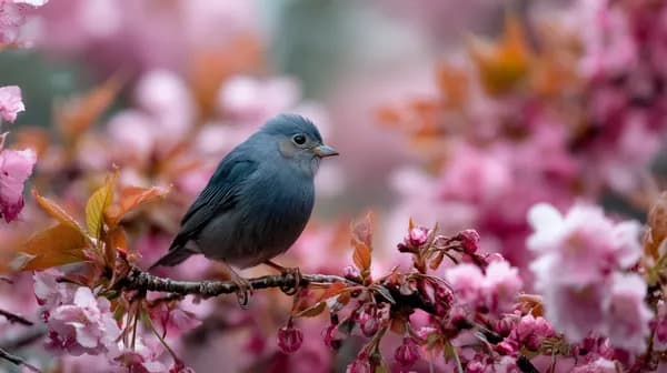 Tranquil blue bird perched among pink blossoms wallpaper - HD Wallpaper, 4k Background Image