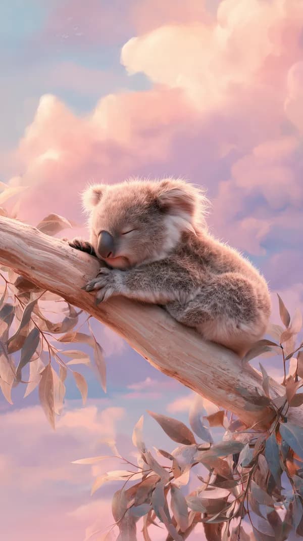 Pastel Sky Koala Sleeping on a Branch – Dreamy Cloudscape Wallpaper - HD Wallpaper, 4k Background Image