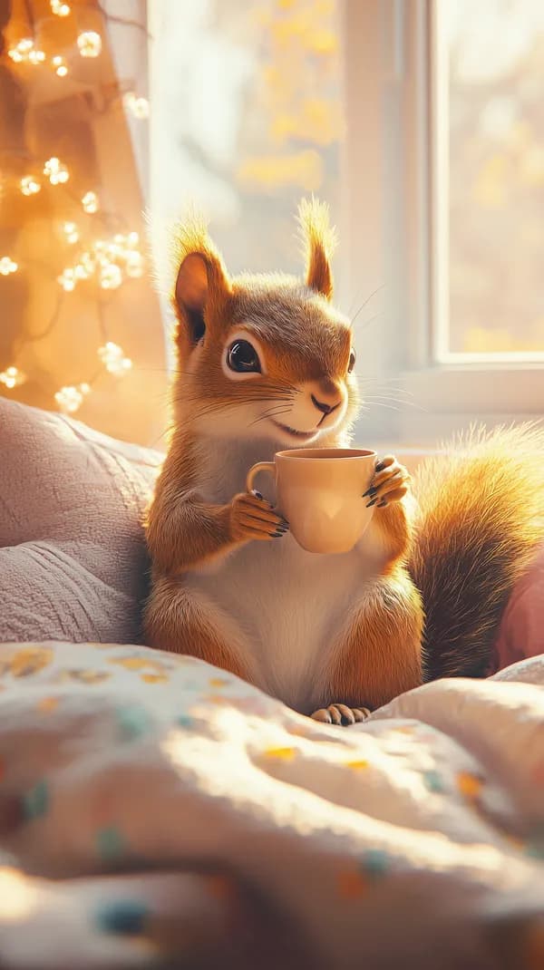 Cozy Squirrel by the Window with Cup - Warm Autumn Wallpaper - HD Wallpaper, 4k Background Image
