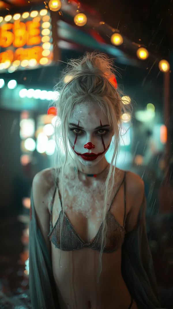 Neon Night Clown Portrait: Moody Rainy Street Art Vivid - HD Wallpaper, 4k Background Image