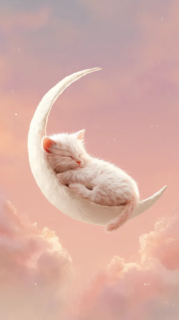 Pastel Moonlit Kitten on Crescent Moon - Dreamy Wall Art - HD Wallpaper, 4k Background Image