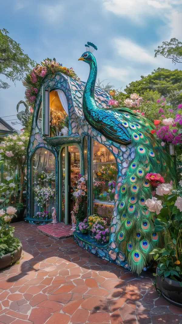 Whimsical Peacock House in a Floral Garden – Fantasy Wallpaper - HD Wallpaper, 4k Background Image