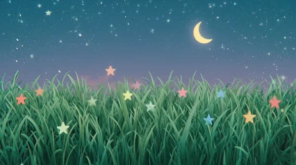 Whimsical Night Grassscape with Crescent Moon and Stars - HD Wallpaper, 4k Background Image