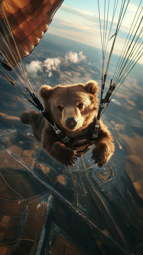 Bear Paragliding Adventure Over Sunset Landscape - Aerial Wildlife - HD Wallpaper, 4k Background Image