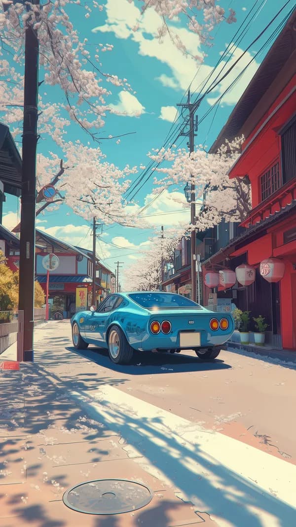Dreamy Blue Sports Car on Cherry Blossom Street Wallpaper - HD Wallpaper, 4k Background Image