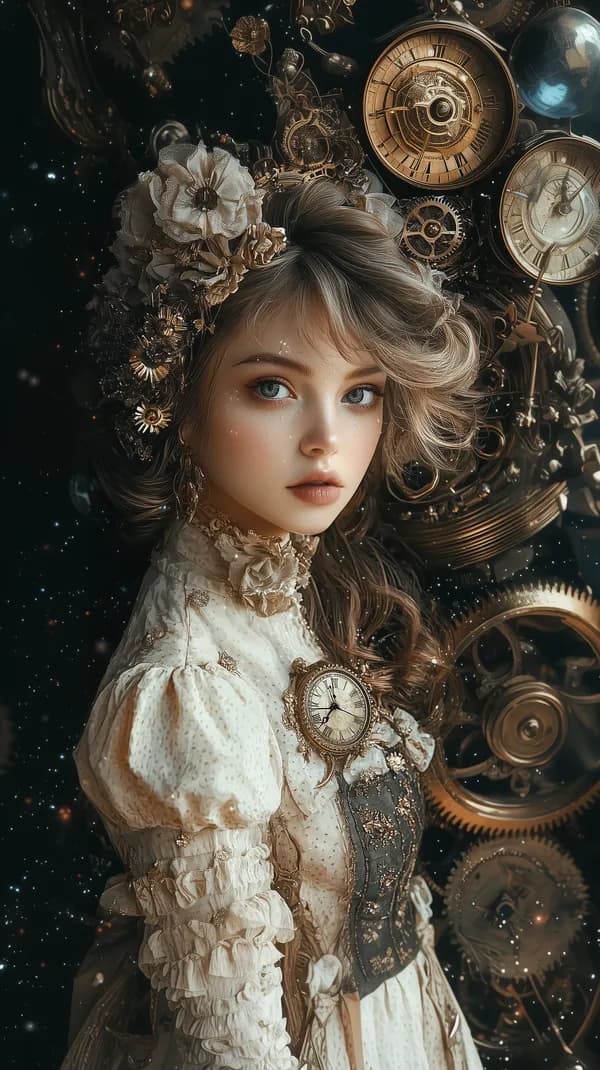 Steampunk Portrait: Clockwork Gears and Floral Headdress - HD Wallpaper, 4k Background Image