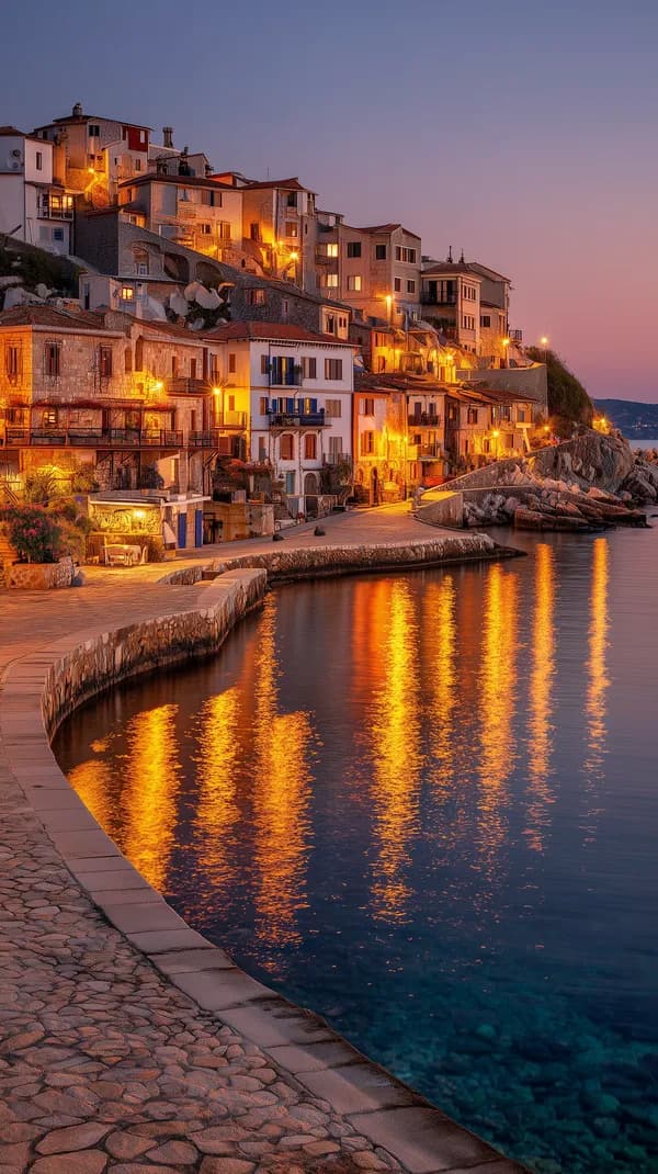 Evening Lights Reflected on Calm Harbor Townscape by the Sea - HD Wallpaper, 4k Background Image