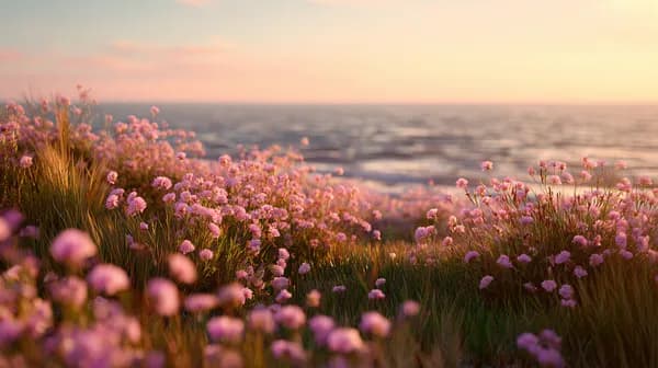 Sunset Beachfront Blooms: Pink Wildflowers by the Sea Wallpaper - HD Wallpaper, 4k Background Image
