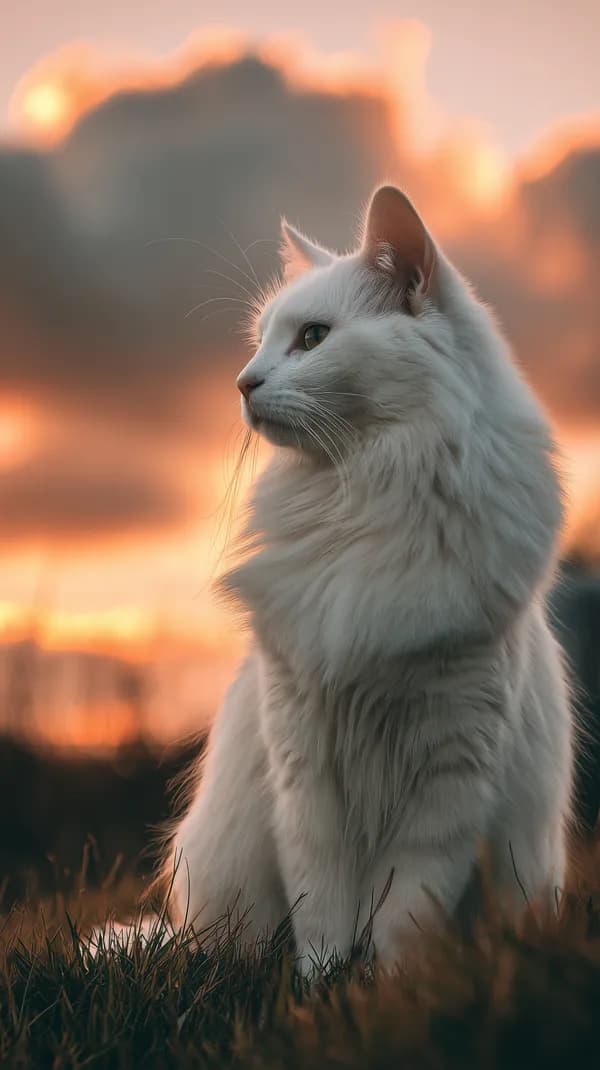 Serene White Cat at Sunset - Soft Warm Glow Portrait - HD Wallpaper, 4k Background Image