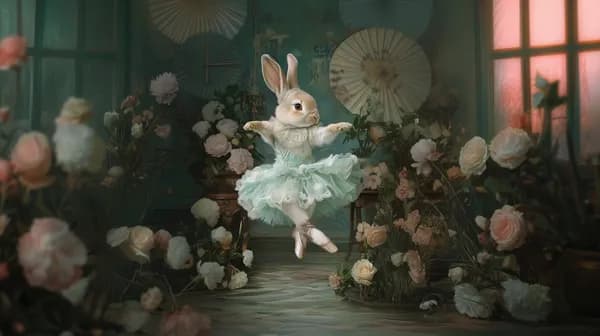 Whimsical dancing bunny in pastel ballet dress among roses - HD Wallpaper, 4k Background Image