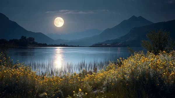 Moonlit Lake Landscape with Mountain Range and Wildflowers - HD Wallpaper, 4k Background Image