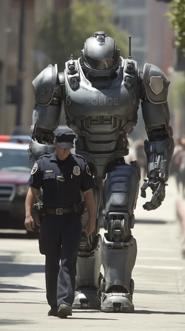 Futuristic Robotic Police Enforcer on a City Street - HD Wallpaper, 4k Background Image