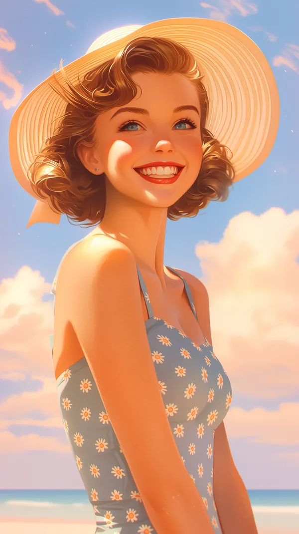 Sunny Beach Portrait: Daisy Dress & Straw Hat Illustration - HD Wallpaper, 4k Background Image