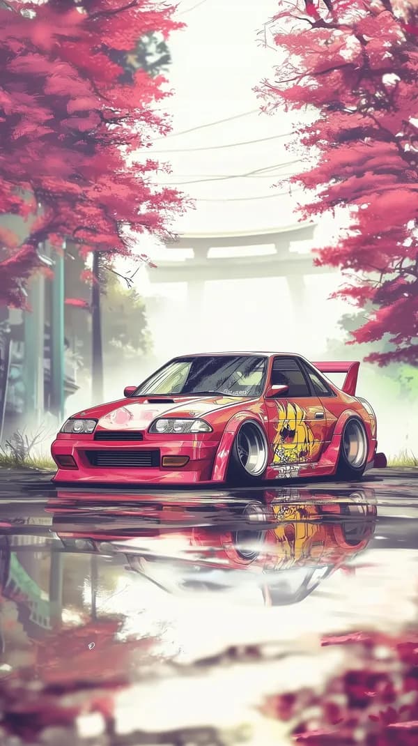 Vibrant Red Sport Car in a Pink Blossom Dreamscape - HD Wallpaper, 4k Background Image