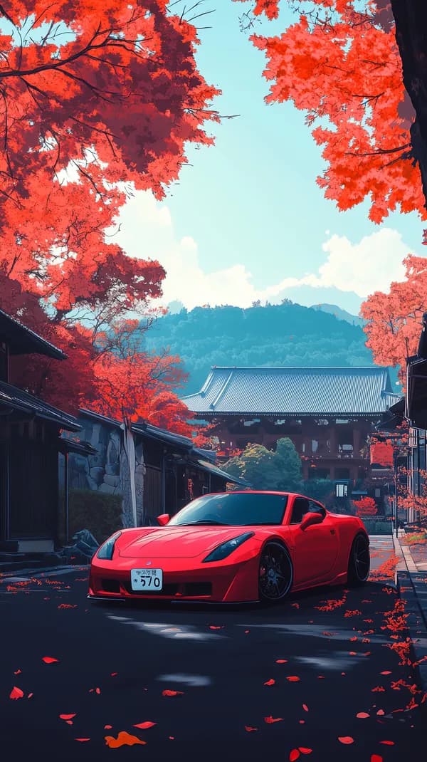 Vibrant Red Sports Car Amid Autumn Red Foliage and Tradition - HD Wallpaper, 4k Background Image