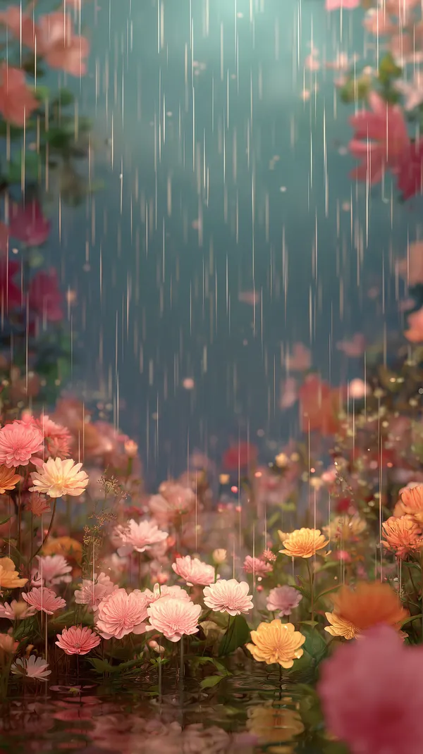 Dreamy Rain Over Blooming Garden Flowers - Soft Ambient Scene - HD Wallpaper, 4k Background Image