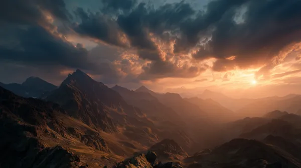 Ephemeral Sunset Over Rugged Mountain Valleys at Golden Hour - HD Wallpaper, 4k Background Image