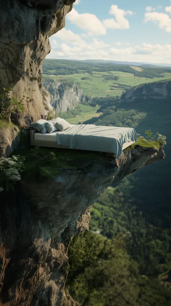 Cliffside Bed Overlooking a Dreamy Valley — Surreal Wallpaper - HD Wallpaper, 4k Background Image
