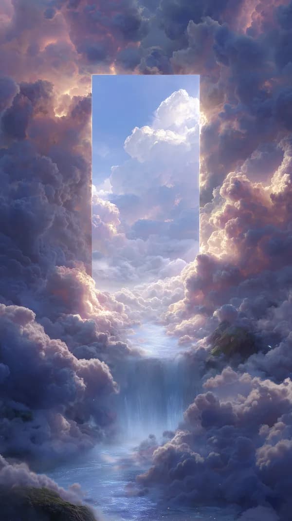 Mystical Cloud Portal: Surreal Sky Doorway Over Waterfall - HD Wallpaper, 4k Background Image