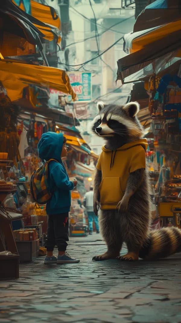 Whimsical raccoon in a yellow hoodie meets a child in a lively market - HD Wallpaper, 4k Background Image