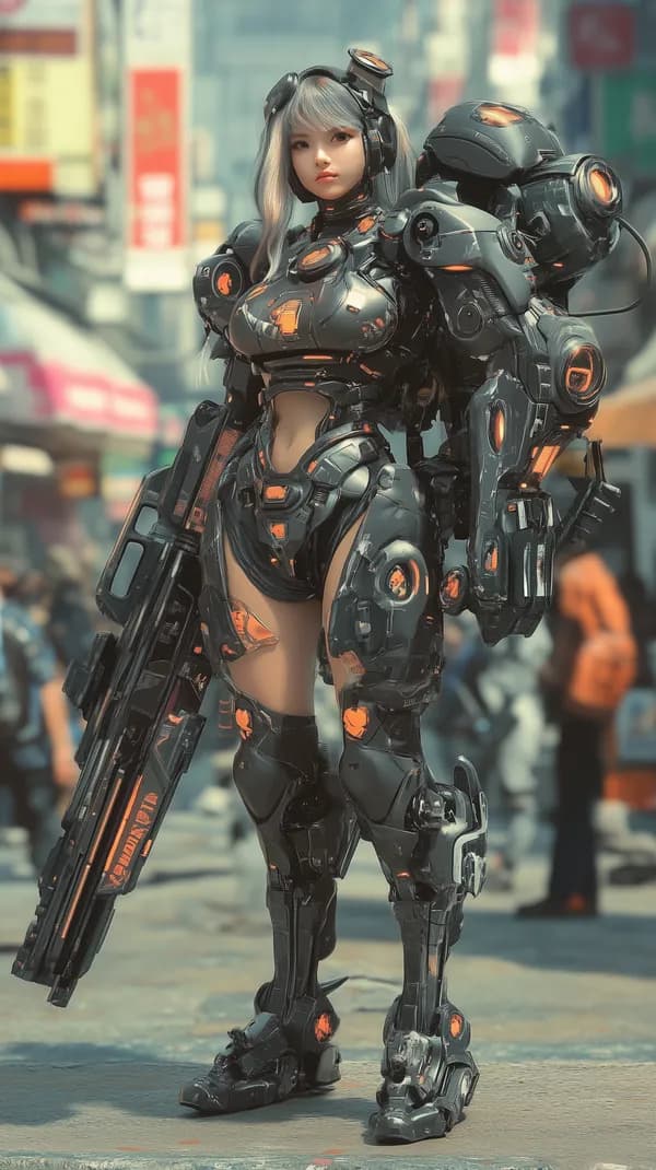 Futuristic Armored Warrior in Neon Exosuit in City - HD Wallpaper, 4k Background Image