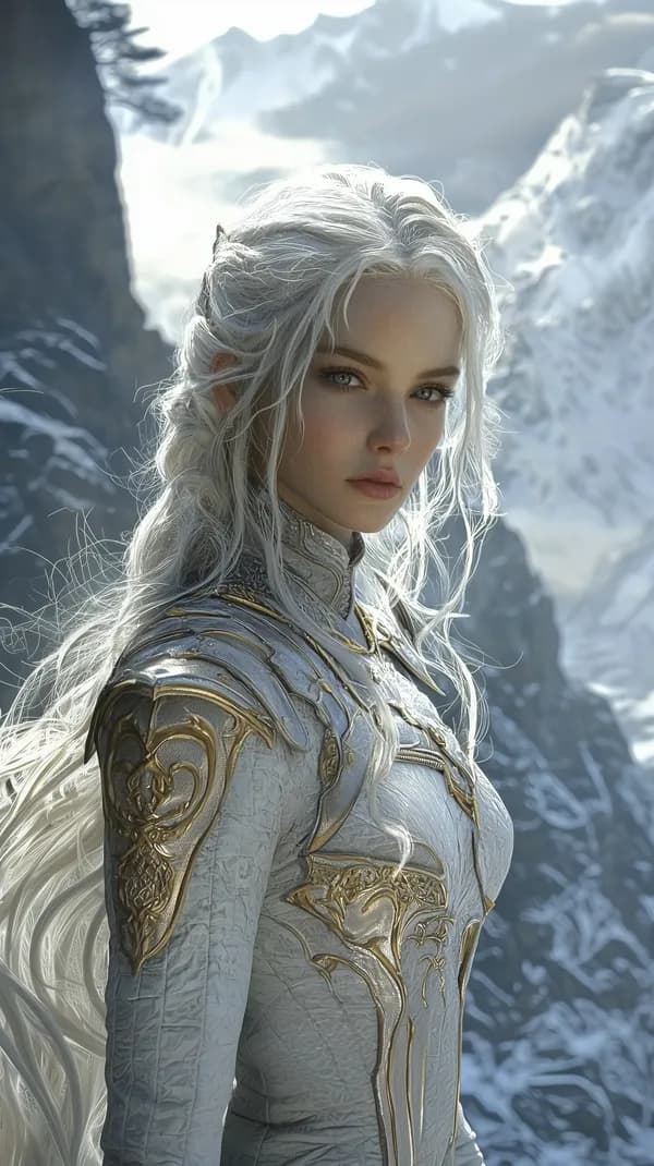 Ice Maiden in Silver-Gold Armor Amid Snowy Peaks and Glowing Frost - HD Wallpaper, 4k Background Image