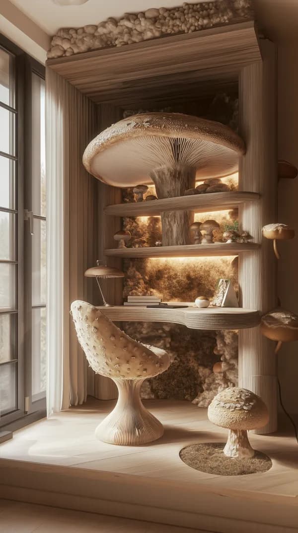 Whimsical Mushroom Studio Nook with Wooden Shelves - HD Wallpaper, 4k Background Image