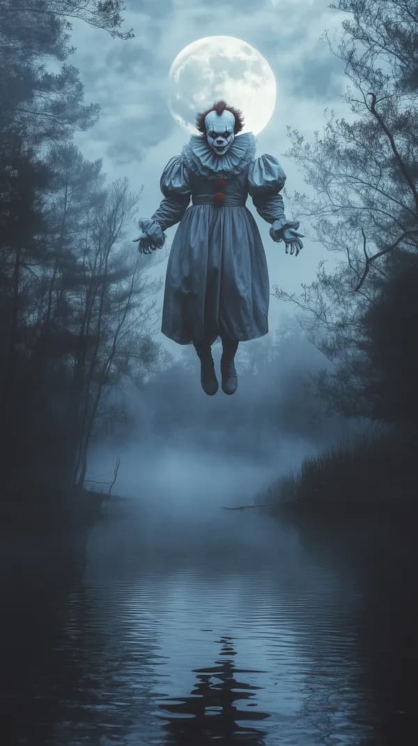 Moonlit Clown Floating Over Foggy Forest - Night Wallpaper - HD Wallpaper, 4k Background Image